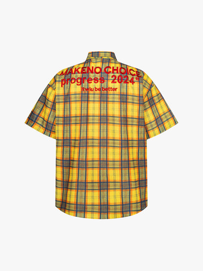 New Style Yellow Plaid Shirt Men Streetwear Graphic Pocket Back Print Summer Top-S1017
