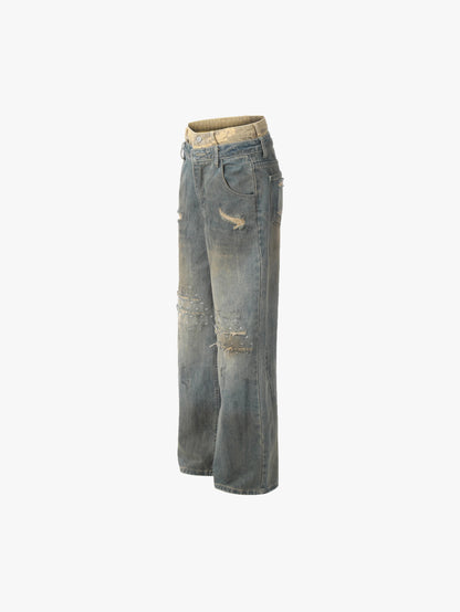 Double Crazy Distressed Wide-Leg Denim with Rips and Studded Detailing Trendy Streetwear Trousers - S989