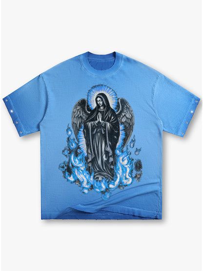 Dark Virgin Mary T Shirt Angel Wings Blue Flame Religious Graphic Tee Unisex-185