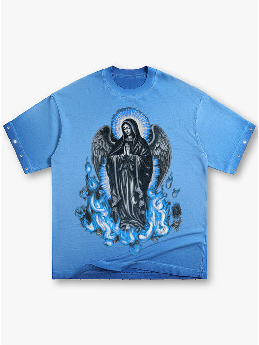 Dark Virgin Mary T Shirt Angel Wings Blue Flame Religious Graphic Tee Unisex-185