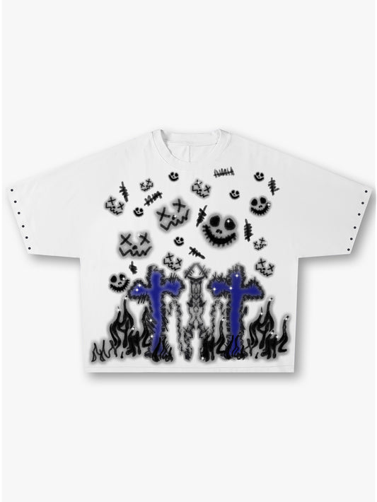 Graffiti Cross T Shirt Oversized Streetwear Smiley Face Flame Print Gothic Aesthetic-194