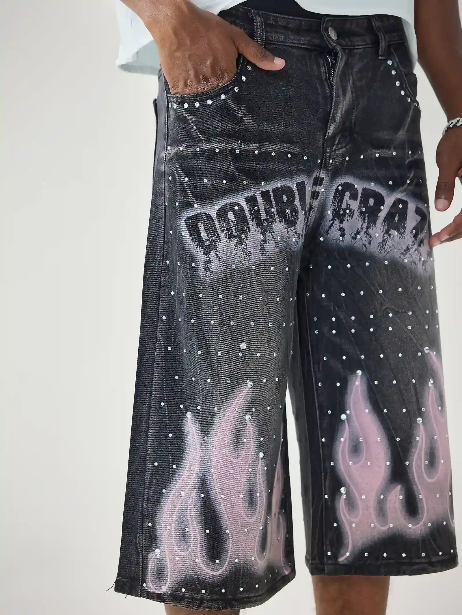 Double Crazy Flames Denim Shorts-199