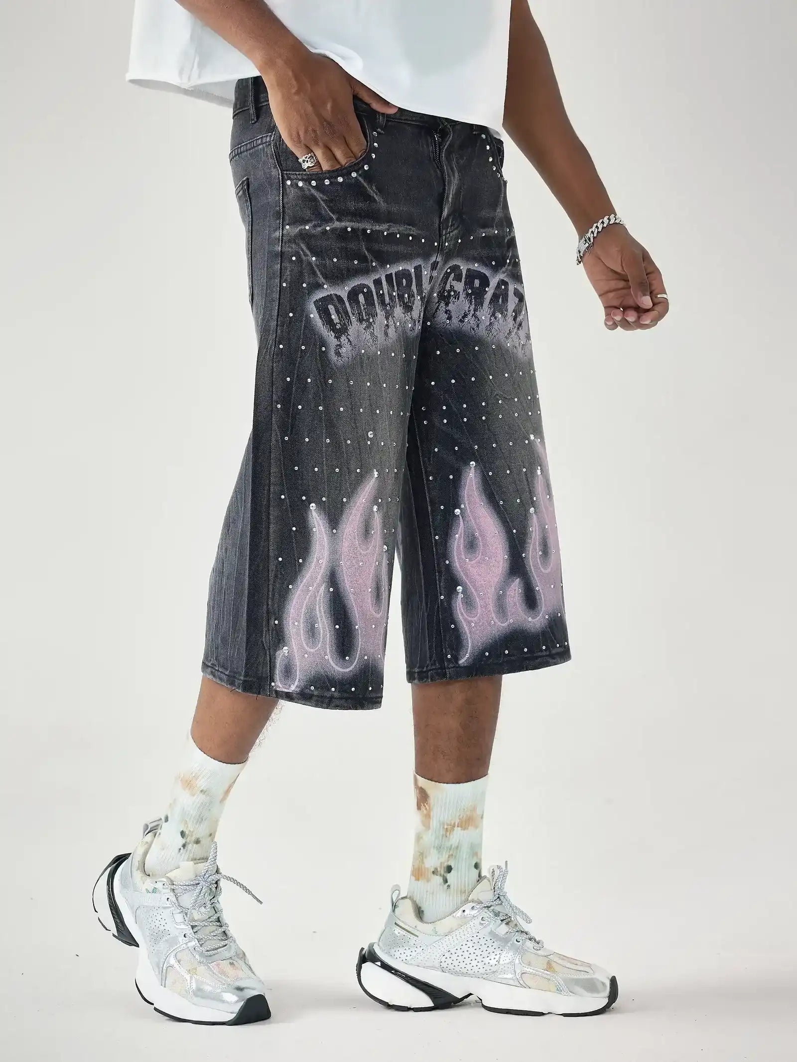 Double Crazy Flames Denim Shorts-199