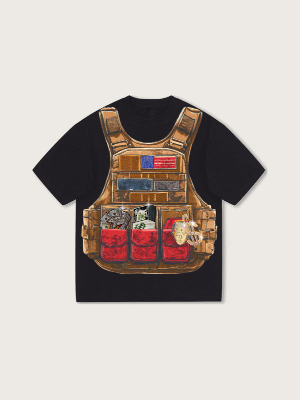 Street Style Tactical Vest Graphic Tee with Flag and Gold Chains