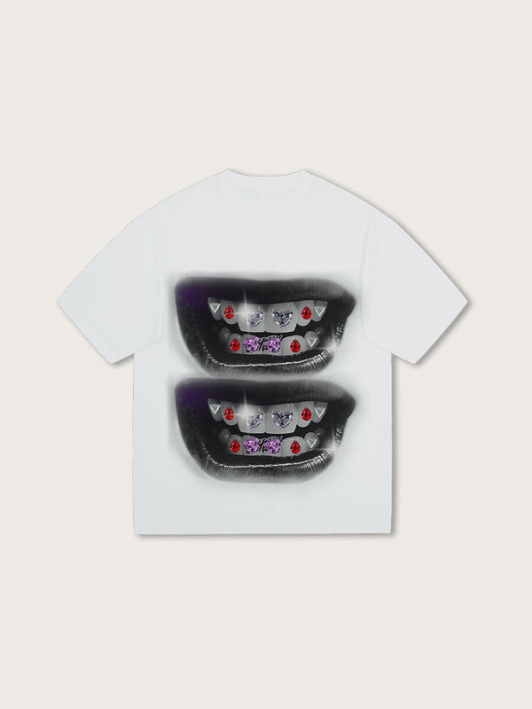 Unisex White Graphic T-Shirt with Diamond Grillz Teeth Print