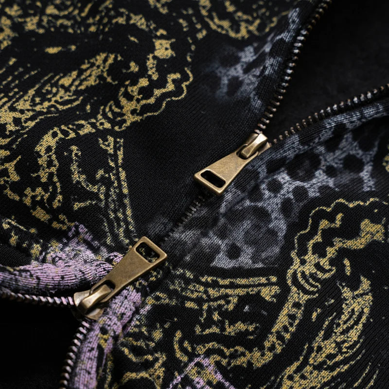Sweat à capuche zippé à motif léopard délavé-752