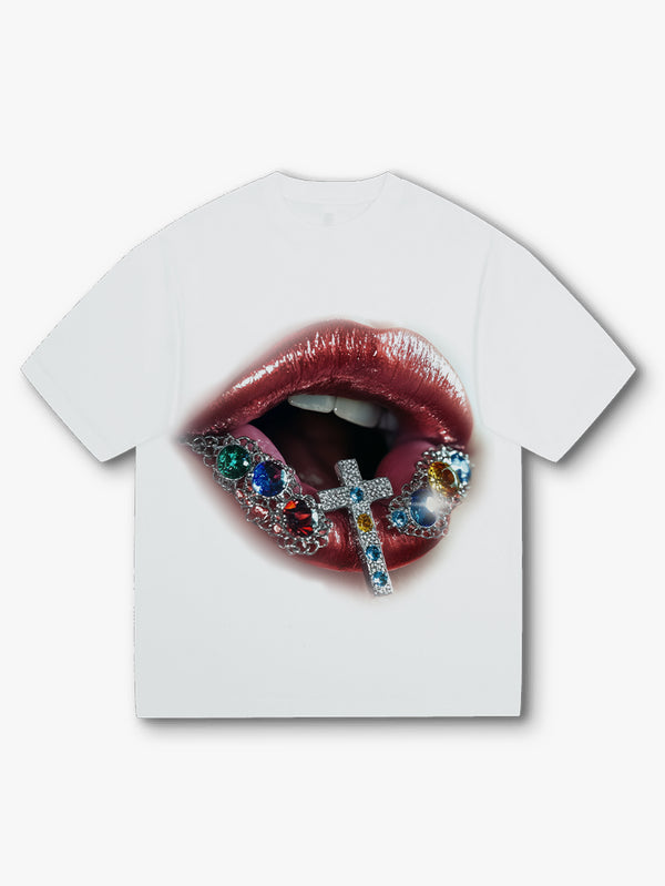 White Graphic T-Shirt with Diamond Grillz Lips and Cross Pendant Print
