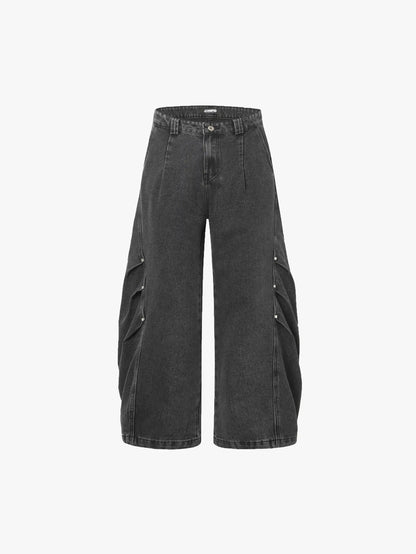 Fashionable Unisex Black Wide-Leg Denim Pants with Unique Side Detailing Trendy Streetwear Trousers