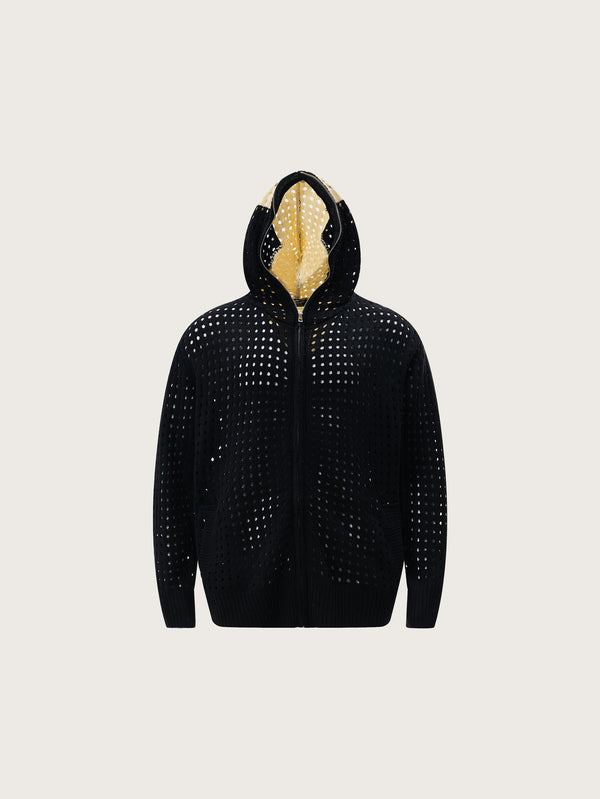 Statement Perforated Knit Hoodie with Bold Cross Design Crafted in Contrasting Black and Cream