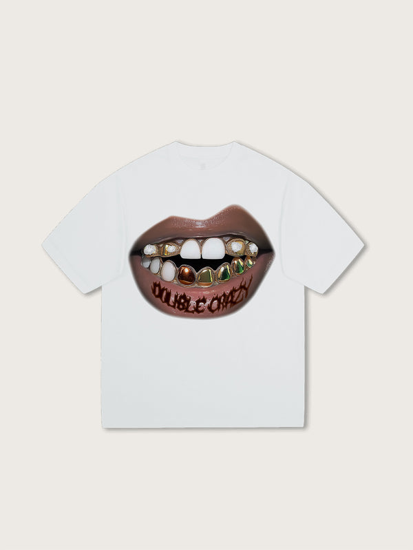 New Arrival White T-shirt with Graphic Mouth and Art-Inspired Diamond Teeth