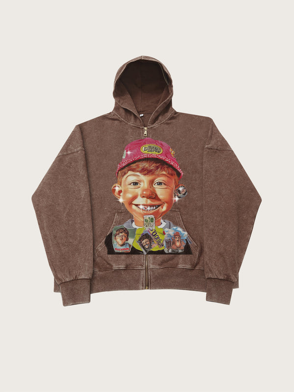 Retro Brown Hoodie with Cartoon Boy and Graphic Print