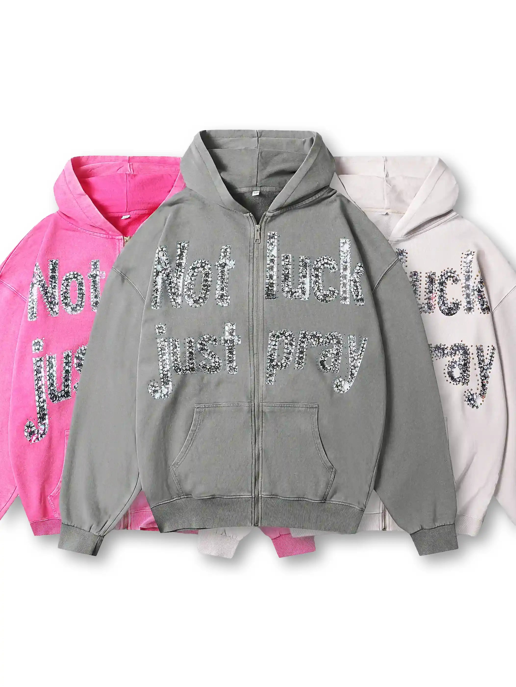 Sudadera con capucha gris Double Crazy con gráfico de texto "Not Luck Just Pray" de cristal
