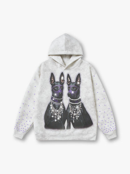 Trendy Streetwear Hoodie with Puppy Print and Pearl Necklace Design Studded Sleeves