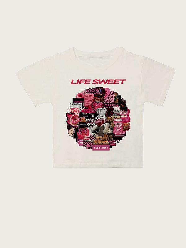 White T-Shirt Life Sweet Pink Aesthetic Collage Graphic Casual Streetwear Tee