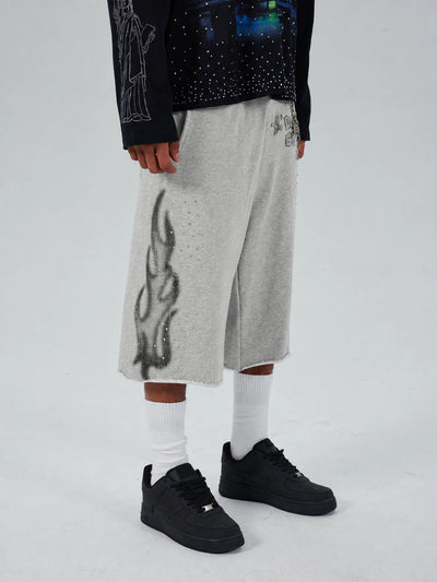Rhinestone Flame Sweat Shorts-645