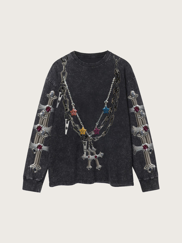 Trendy Grunge T-Shirt with Colorful Chain and Cross Graphic for Bold Street Style