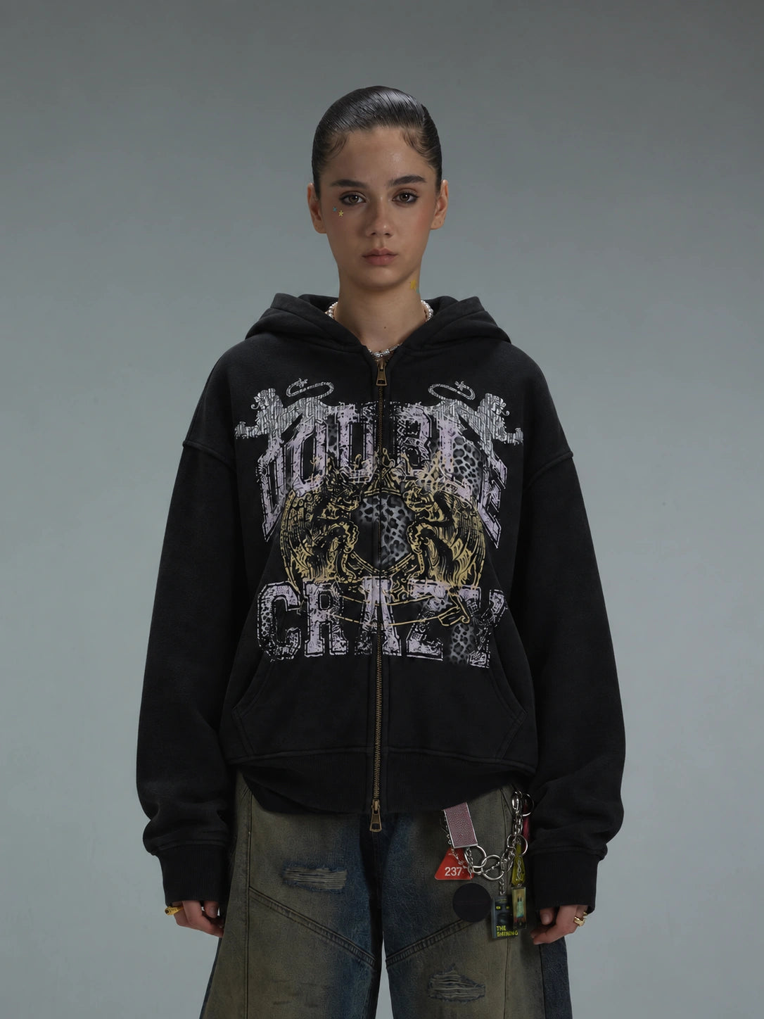 Sweat à capuche zippé à motif léopard délavé-752