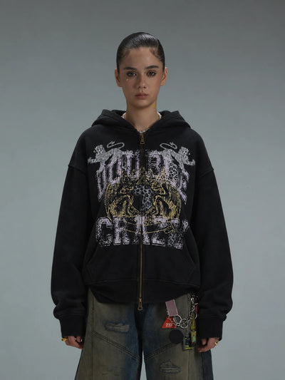 Sweat à capuche zippé à motif léopard délavé-752