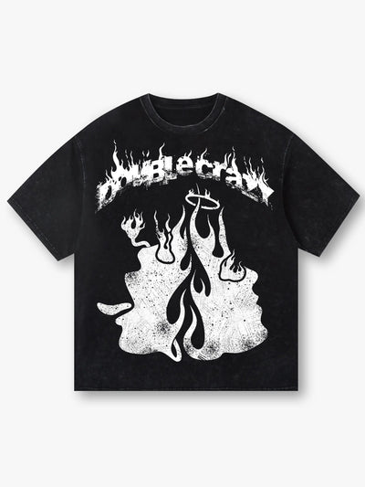 Double Crazy Flame Print Angel & Demon T-shirt -002