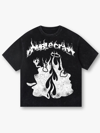 T-shirt vintage noir et blanc avec motif ange et démon de flamme