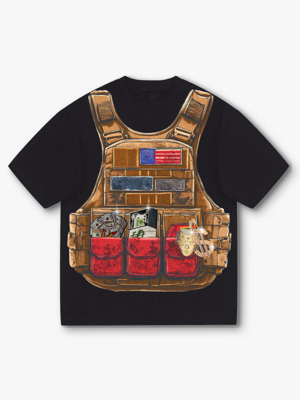Street Style Tactical Vest Graphic Tee with Flag and Gold Chains