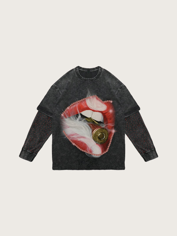 Edgy Graphic T-Shirt with Red Lip and Bullet Detail for Trendy Streetwear