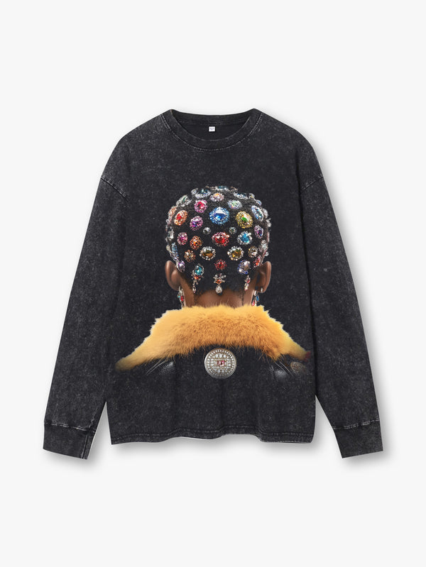 Black Washed Long-Sleeve Shirt Featuring a Back View of a Head Decorated with Multicolored Gemstones