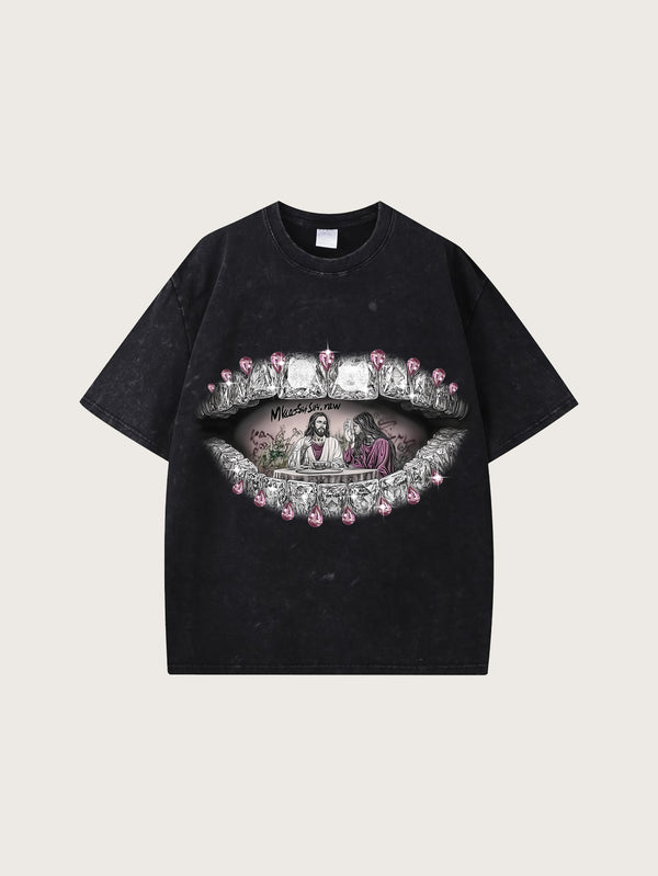 Vintage Black T-shirt with Diamond Teeth and Graphic Last Supper Design