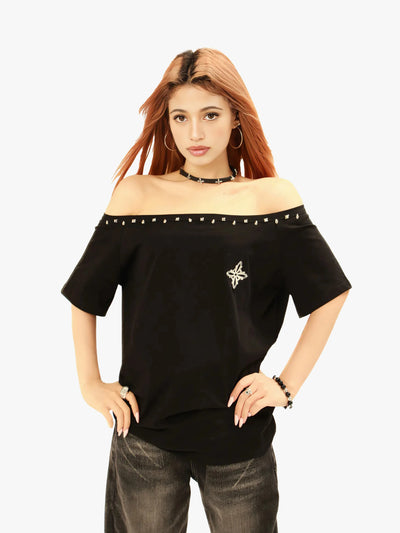 Studded Neckline Asymmetrical Top-S1030
