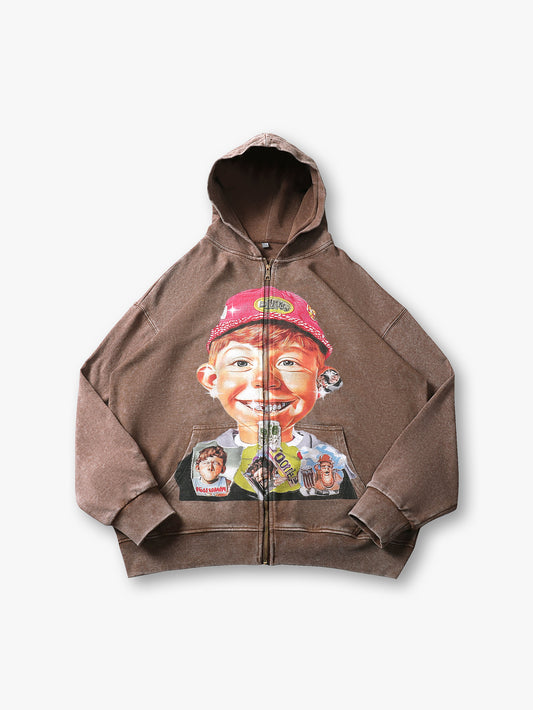 Retro Brown Hoodie with Cartoon Boy and Graphic Print - 066