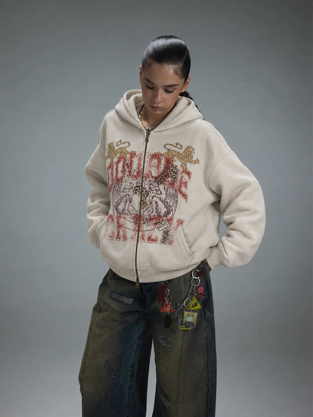 Sweat à capuche zippé à motif léopard délavé-752