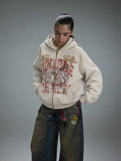 Sweat à capuche zippé à motif léopard délavé-752