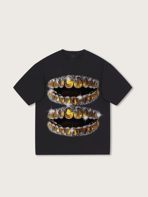 Trendy Black T-shirt with Golden Diamond Grill Graphic Design