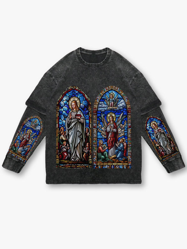 Double Crazy Vintage Stained Glass Print Long Sleeve T-Shirt