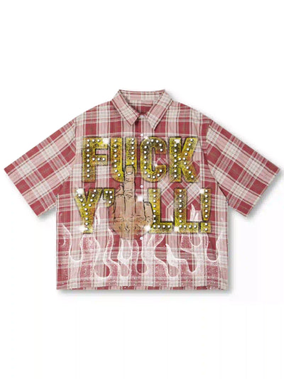 Camisa a cuadros estilo punk con brillos (Bling Edgy Punk Plaid Shirt)-539