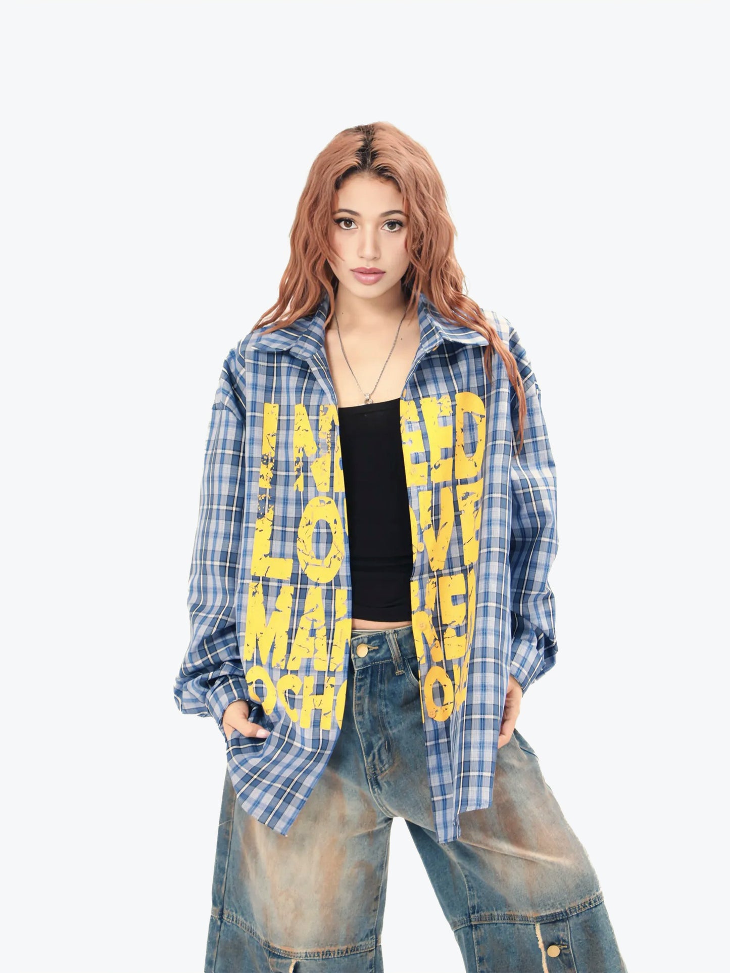 Plaid Graffiti Print Shirt Unisex Streetwear Long Sleeve Grunge Flannel Top-S1012