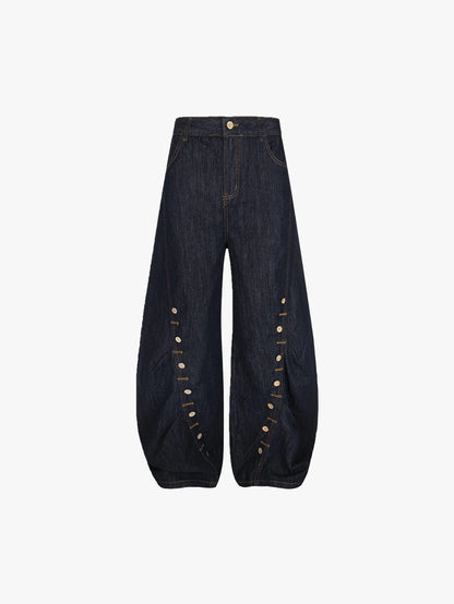 Double Crazy Button Detail Wide-Leg Denim Trousers Vintage Streetwear Baggy Fashion Jeans
