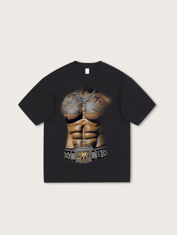 Trendy Black T-shirt with Muscular Chest and Diamond Championship Belt Graphic