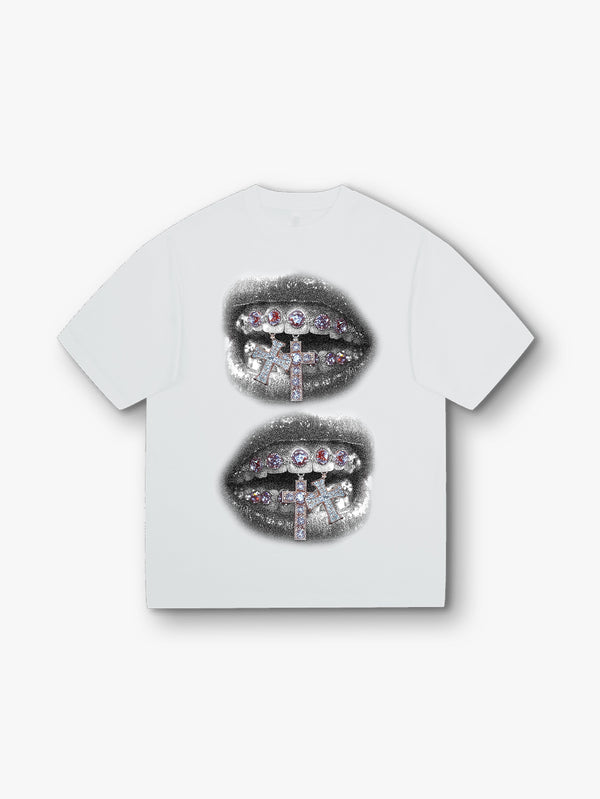 Street Style Graphic White T-shirt with Diamond Grill and Cross Design