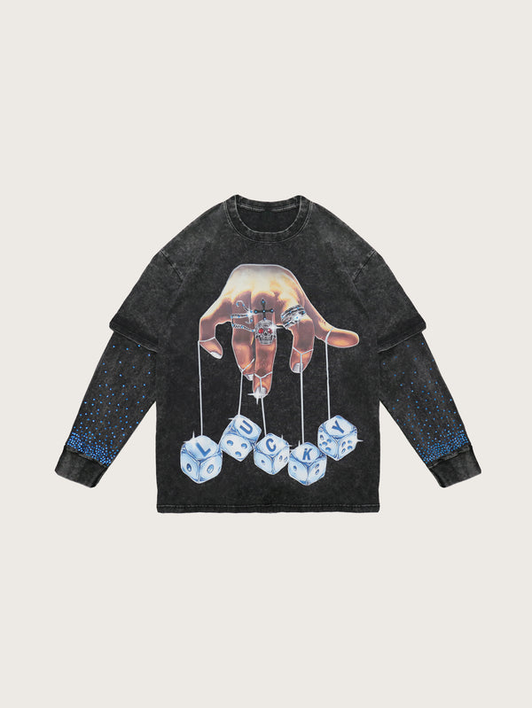 New Style Lucky Dice Graphic Sweatshirt with Skull Hand and Chain Design