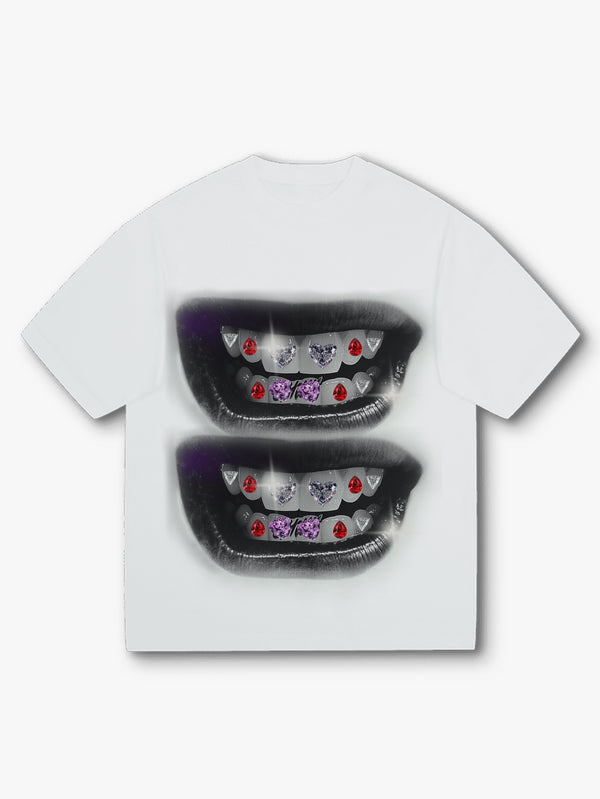 Unisex White Graphic T-Shirt with Diamond Grillz Teeth Print