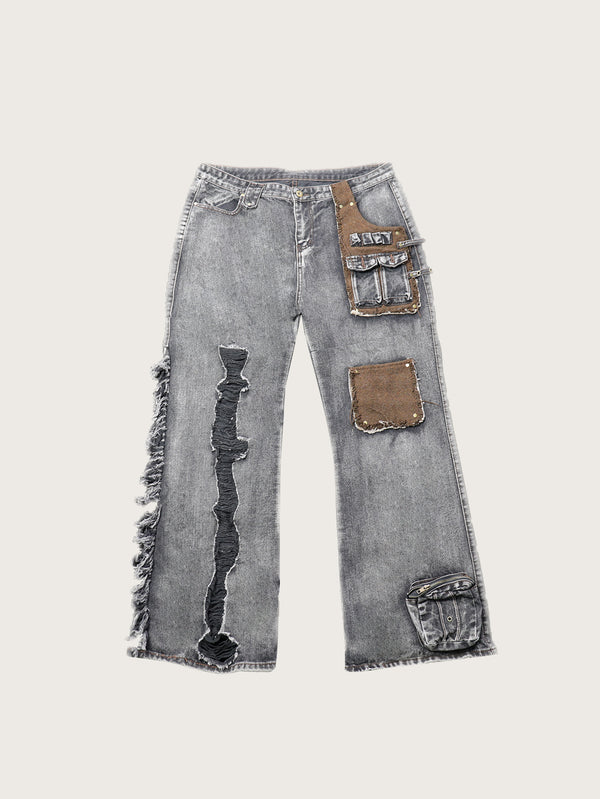 Urban Style Grey Denim Cargo Pants with Mixed Fabric Pockets Asymmetric Fringe Accents