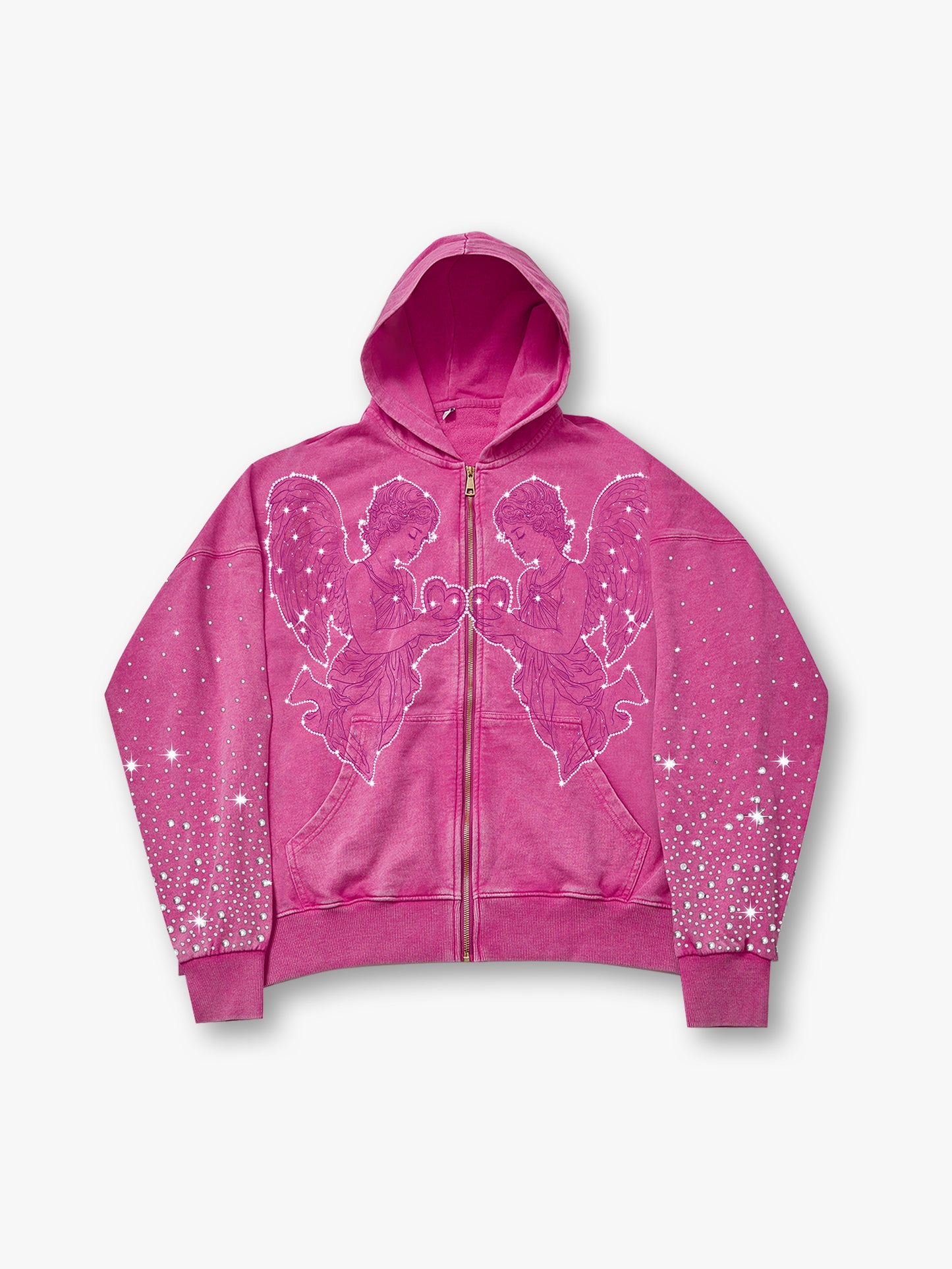 New Arrival Angel Graphic Zip Up Hoodie in Pink with Rhinestone and Heart Design Casual Outfits - 157