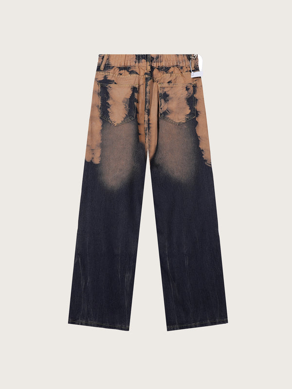 Vintage Look High-Waisted Bleached Denim Pants with a Straight-Leg Cut