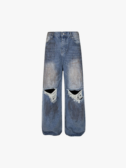 Functionally Stylish Ripped Wide-Leg Denim Jeans with Distressed Detailing Vintage Streetwear Fashion Trousers