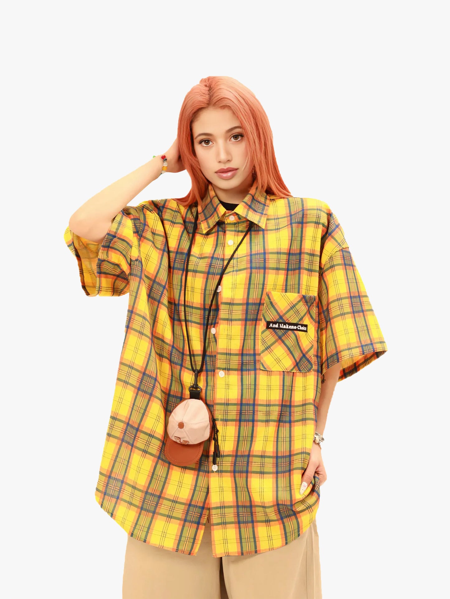 New Style Yellow Plaid Shirt Men Streetwear Graphic Pocket Back Print Summer Top-S1017