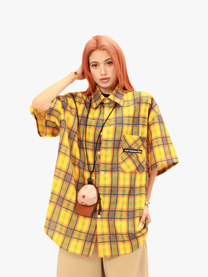 New Style Yellow Plaid Shirt Men Streetwear Graphic Pocket Back Print Summer Top-S1017