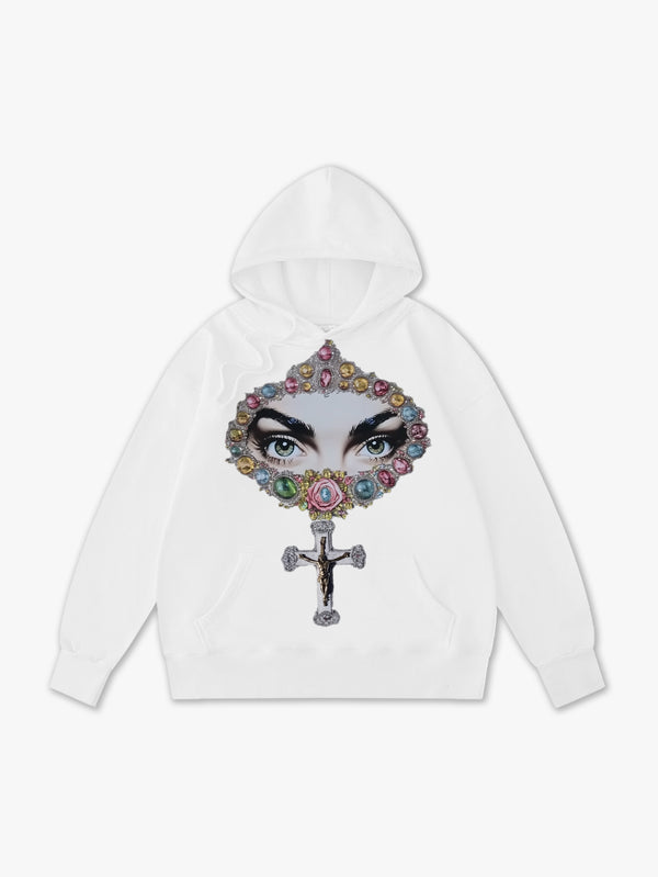 Double Crazy White Hoodie with Jewel Eyes and Cross Graphic Print