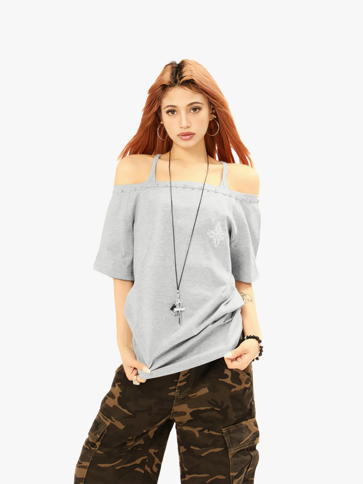 Off Shoulder T Shirt Studded Neckline Casual Graphic Tee Asymmetrical Top for Women-S1030