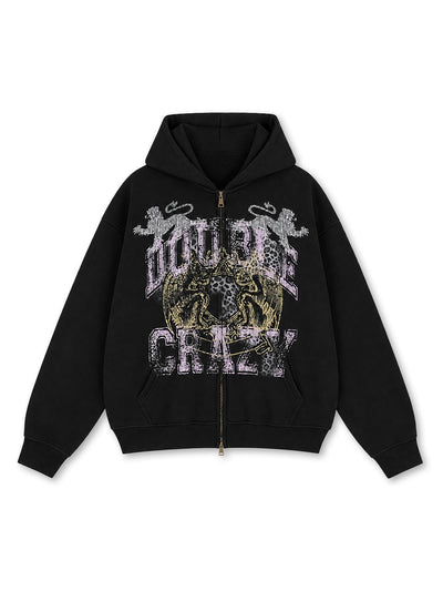 Sweat à capuche zippé à motif léopard délavé-752
